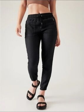 Athleta Cabo Linen Jogger Pants Black Drawstring Zip Pockets Women's 4